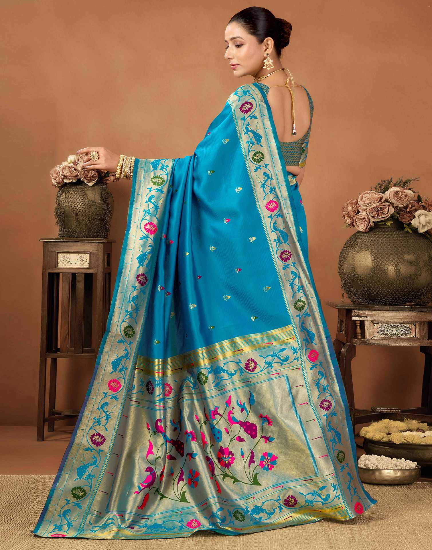 Teal Blue Silk Woven Paithani Saree - Image 6