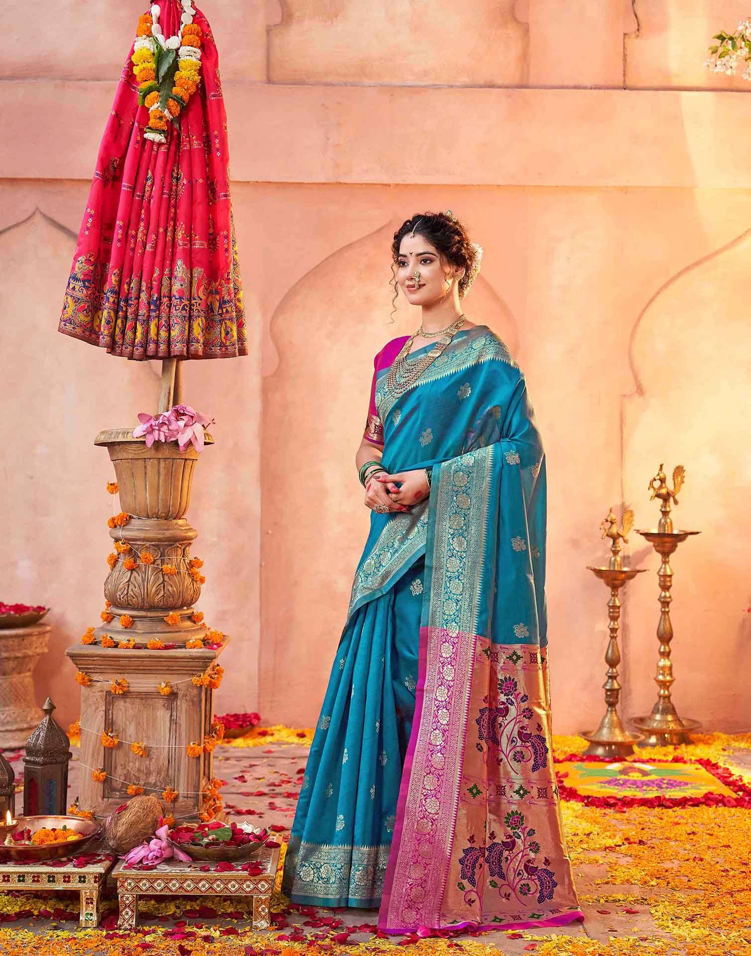 Teal Blue Silk Woven Paithani Saree - Image 5