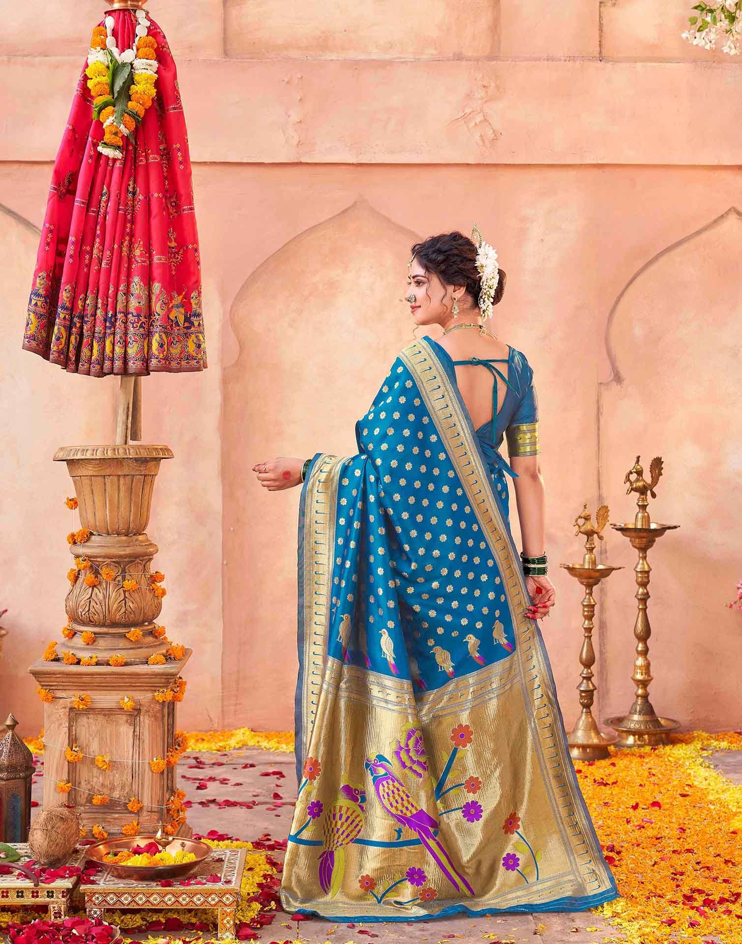 Teal Blue Silk Woven Paithani Saree - Image 6