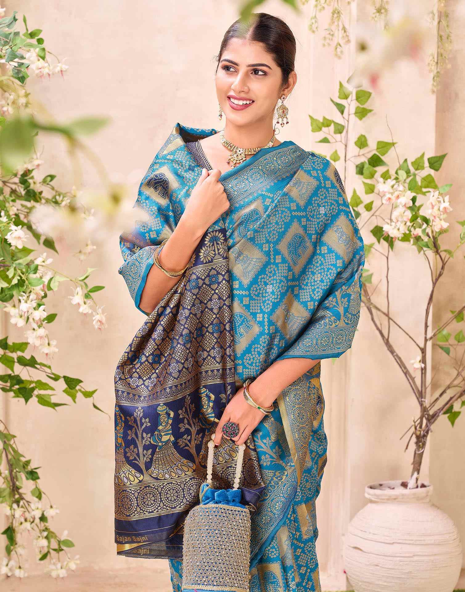 Teal Blue Silk Woven Patola Saree - Image 2