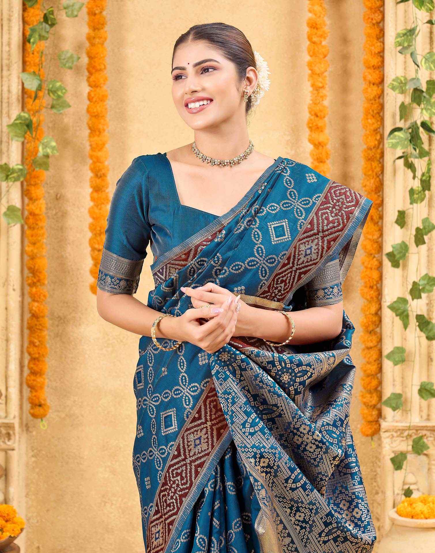 Teal Blue Silk Woven Patola Saree - Image 2