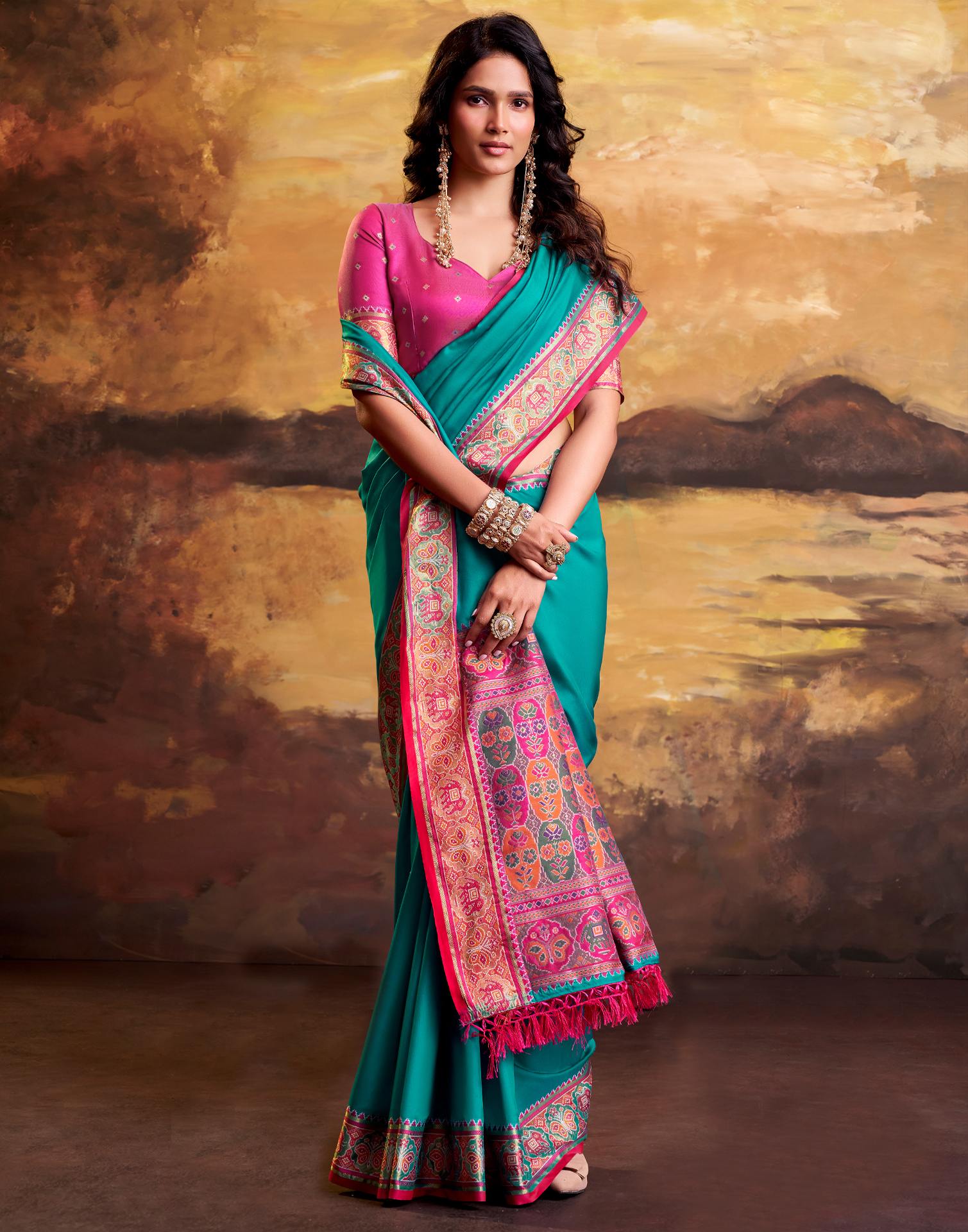 Teal Blue Silk Woven Patola Saree - Image 6