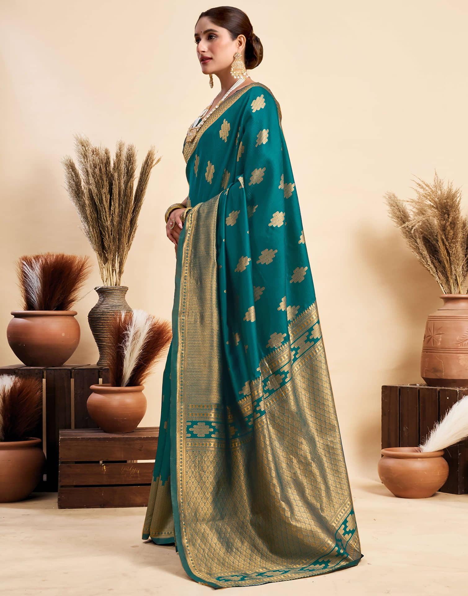 Teal Blue Silk Woven Banarasi Saree - Image 4