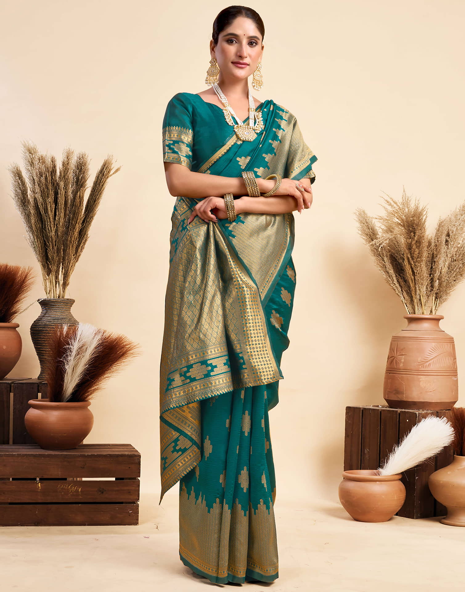 Teal Blue Silk Woven Banarasi Saree - Image 6