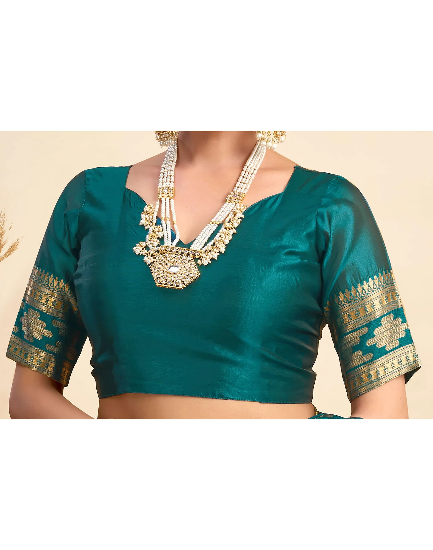 Teal Blue Silk Woven Banarasi Saree - Image 7