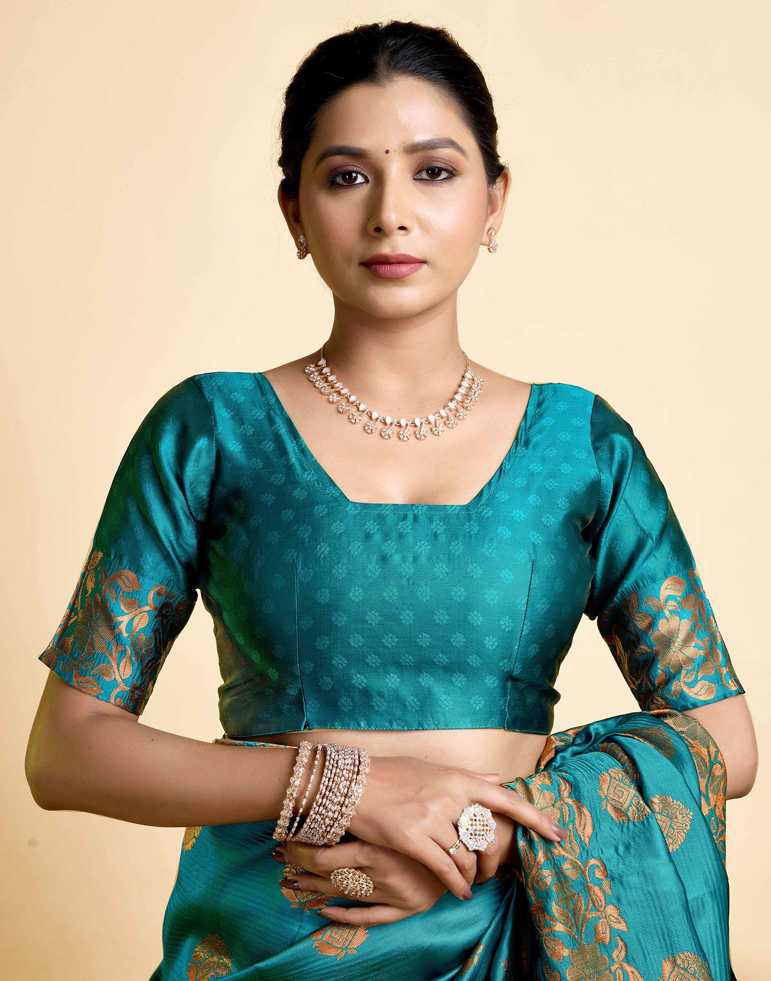 Teal Blue Silk Woven Banarasi Saree - Image 7