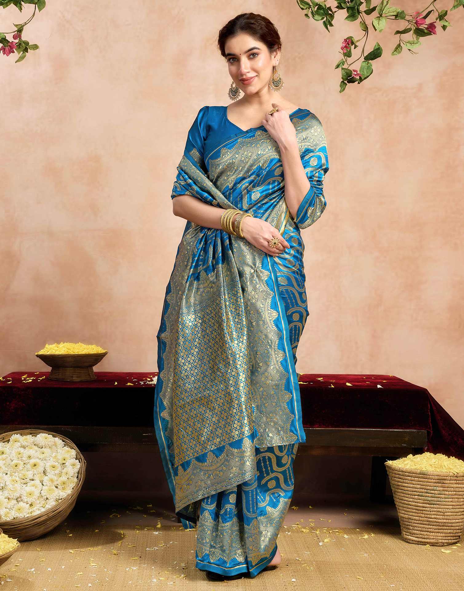Teal Blue Silk Woven Banarasi Saree - Image 5