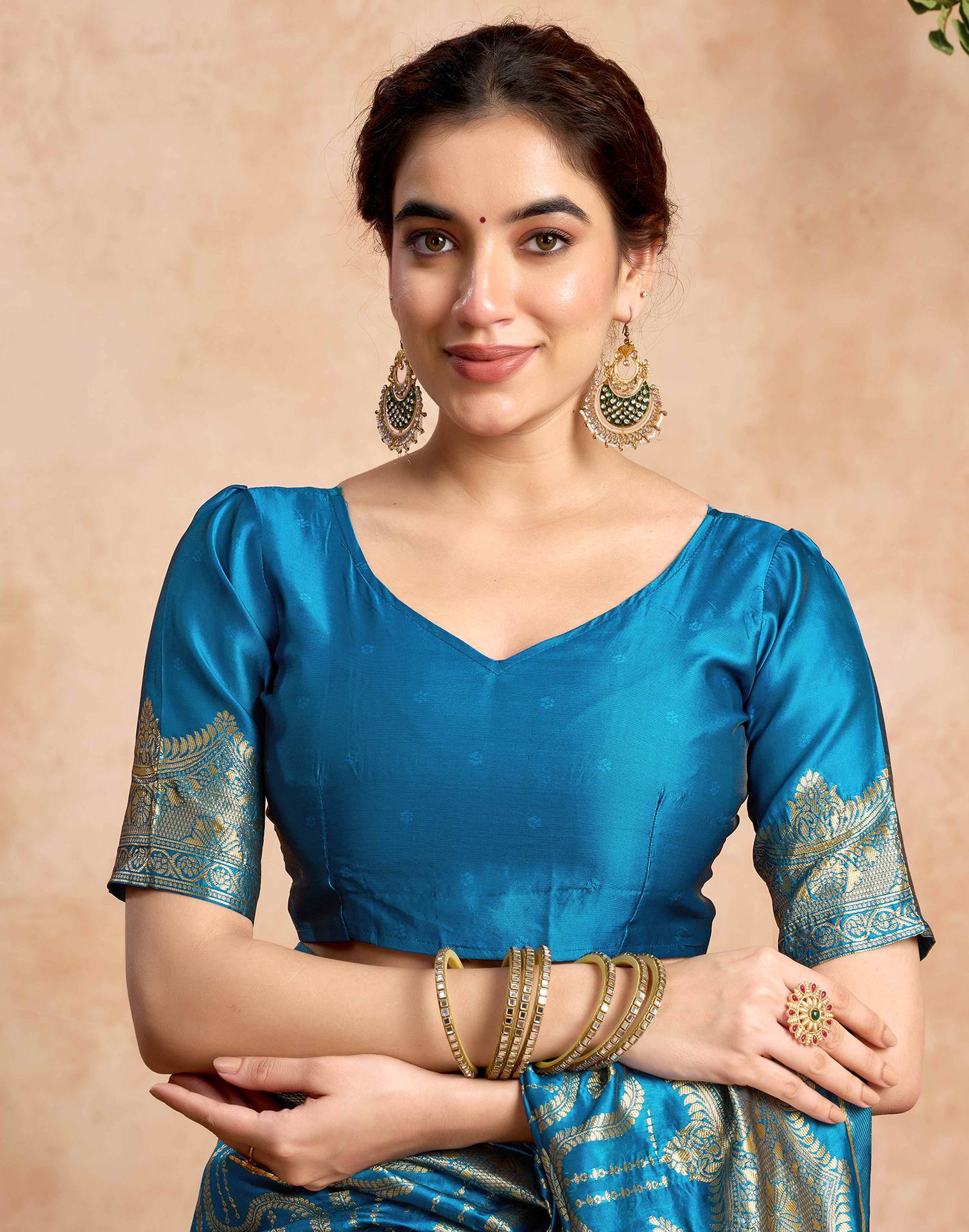 Teal Blue Silk Woven Banarasi Saree - Image 7