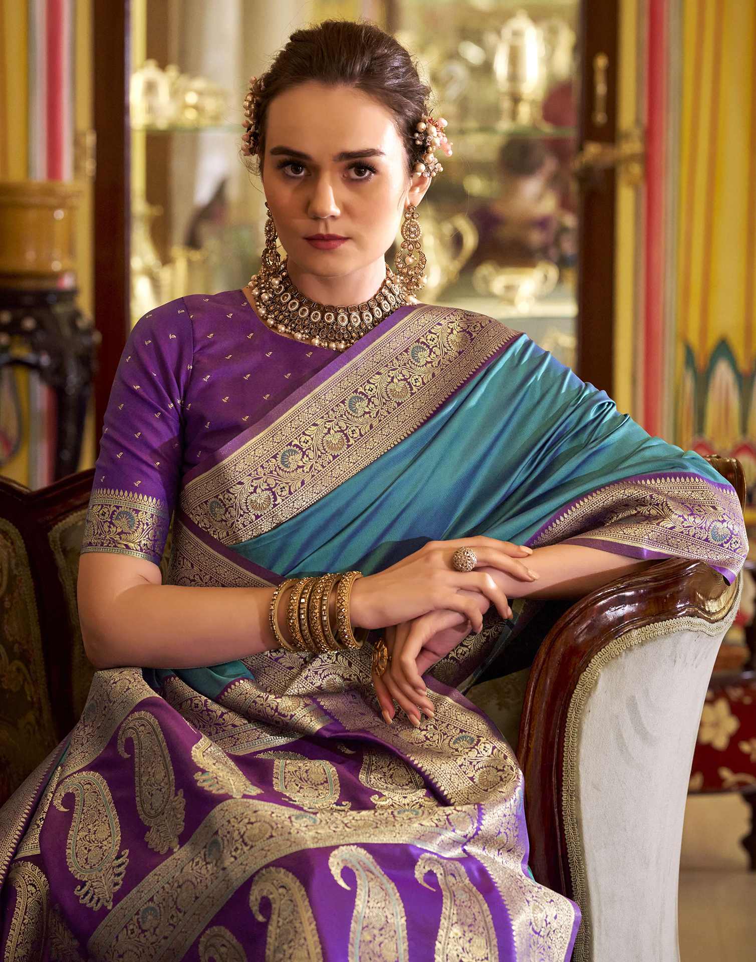 Teal Blue Silk Woven Saree - Image 5