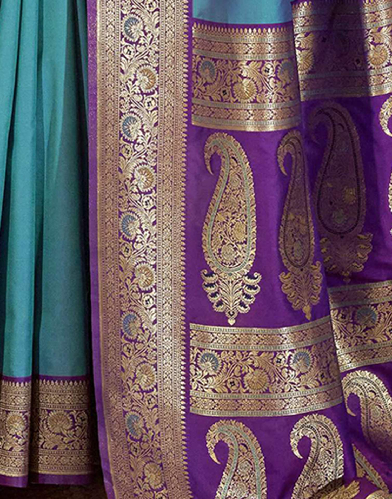 Teal Blue Silk Woven Saree - Image 6