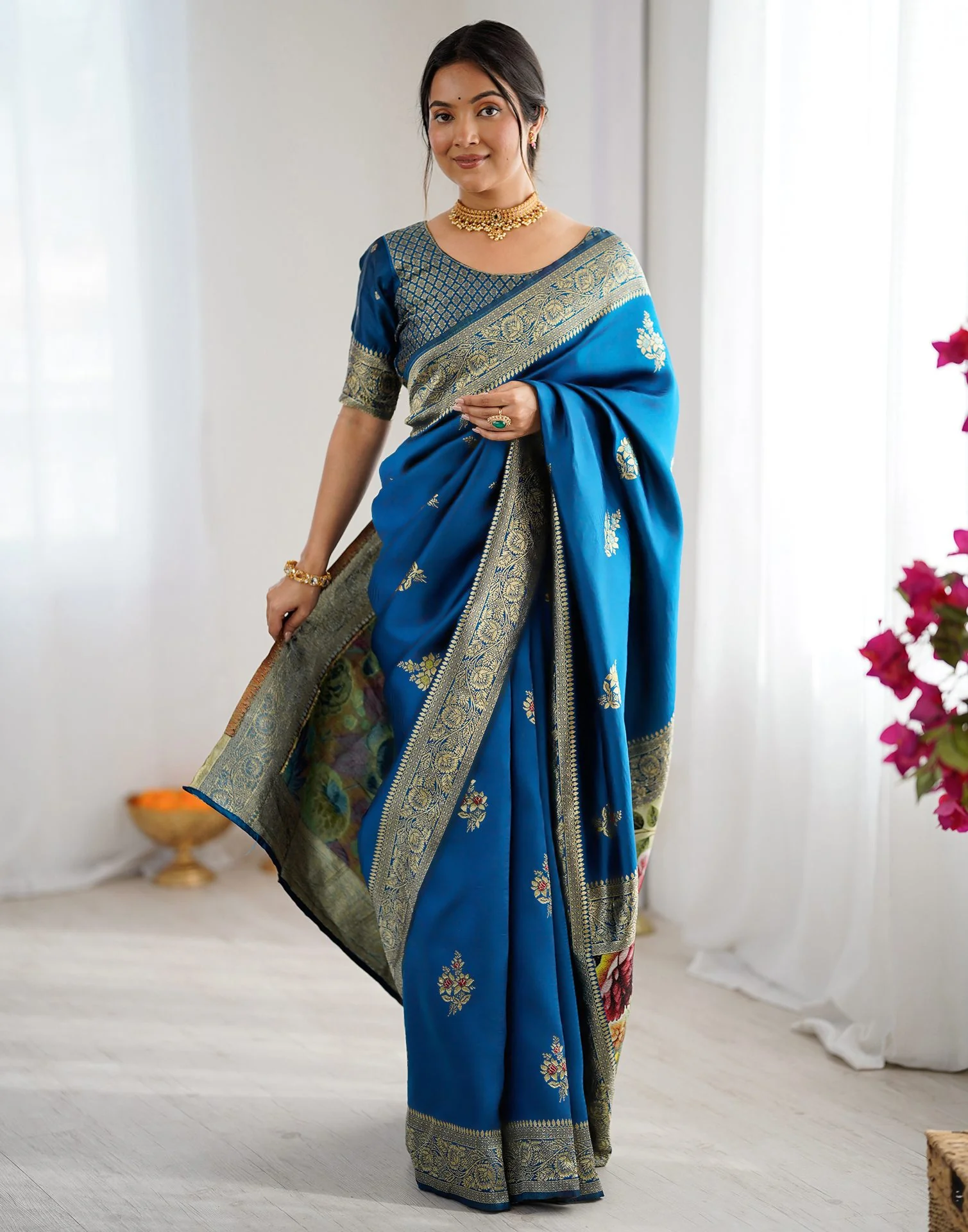 Teal Blue Silk Woven Saree - Image 6
