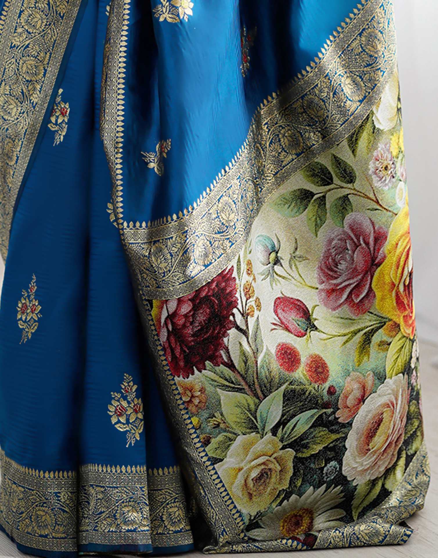 Teal Blue Silk Woven Saree - Image 9
