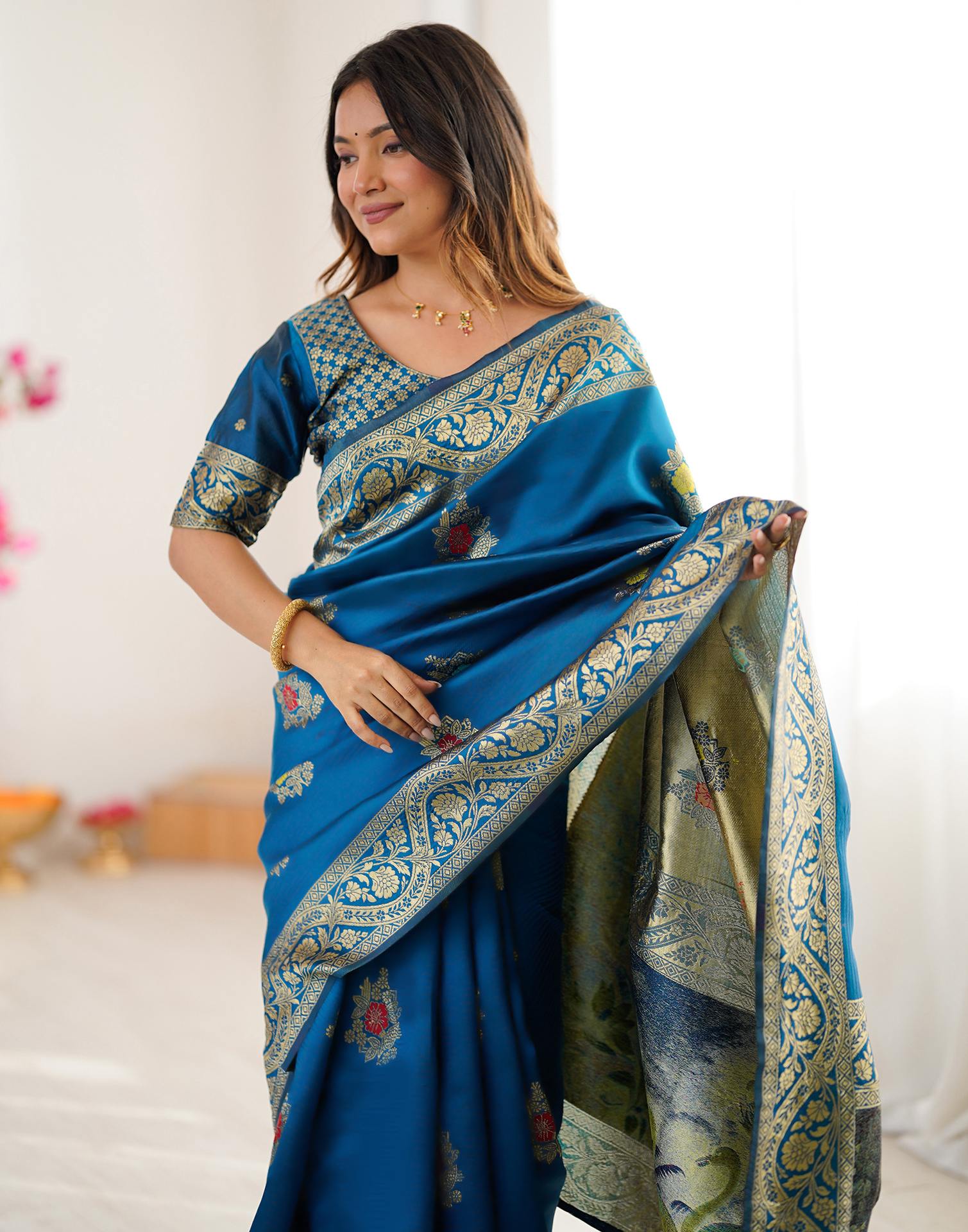 Teal Blue Silk Woven Saree - Image 2
