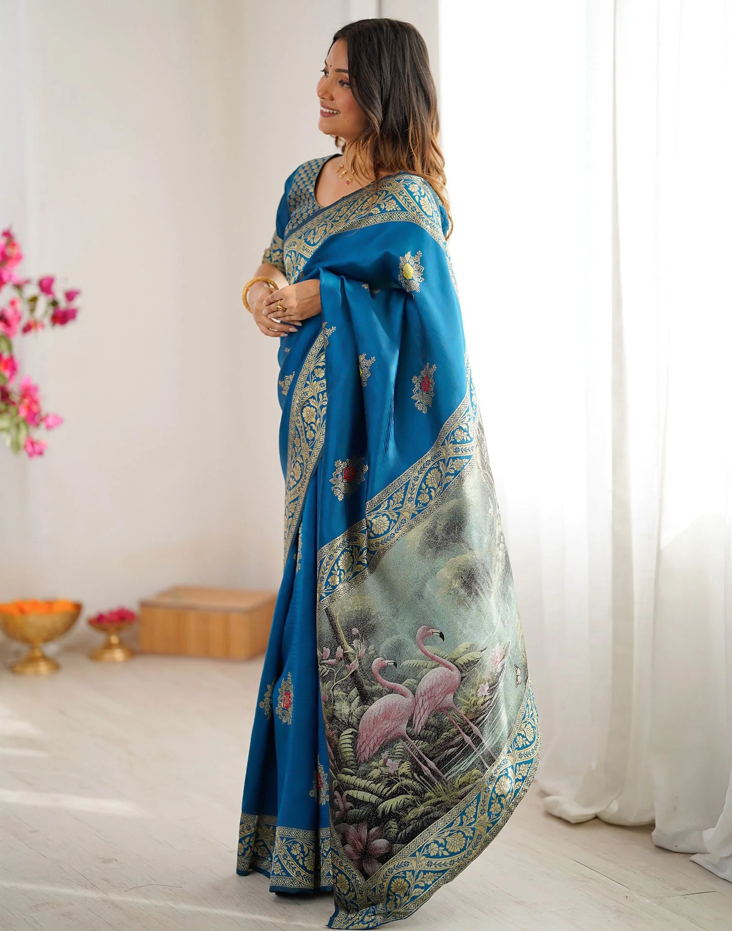 Teal Blue Silk Woven Saree - Image 5