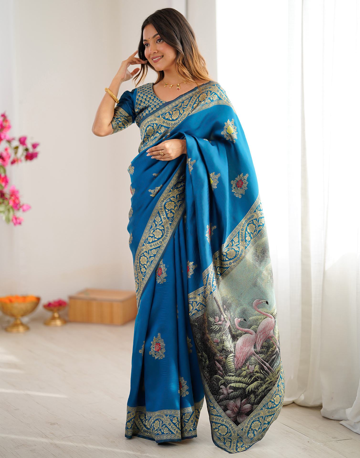 Teal Blue Silk Woven Saree - Image 8