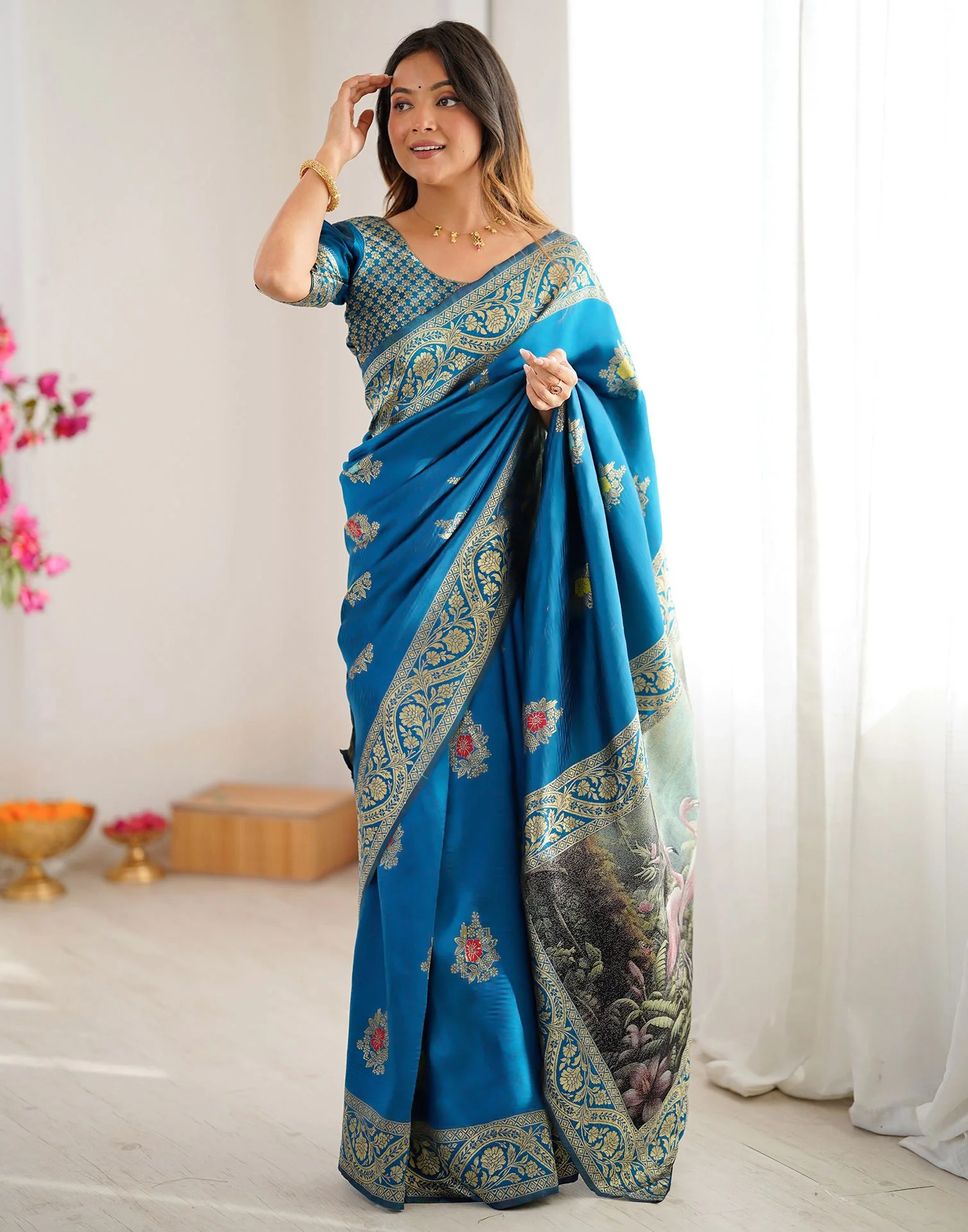 Teal Blue Silk Woven Saree - Image 9
