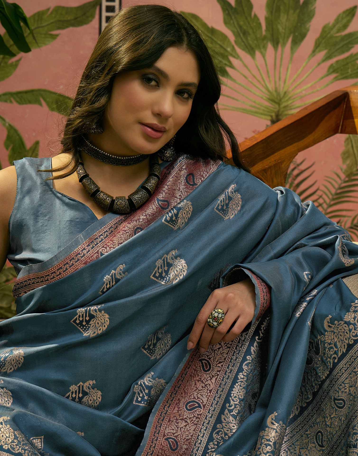 Teal Blue Silk Woven Saree - Image 2