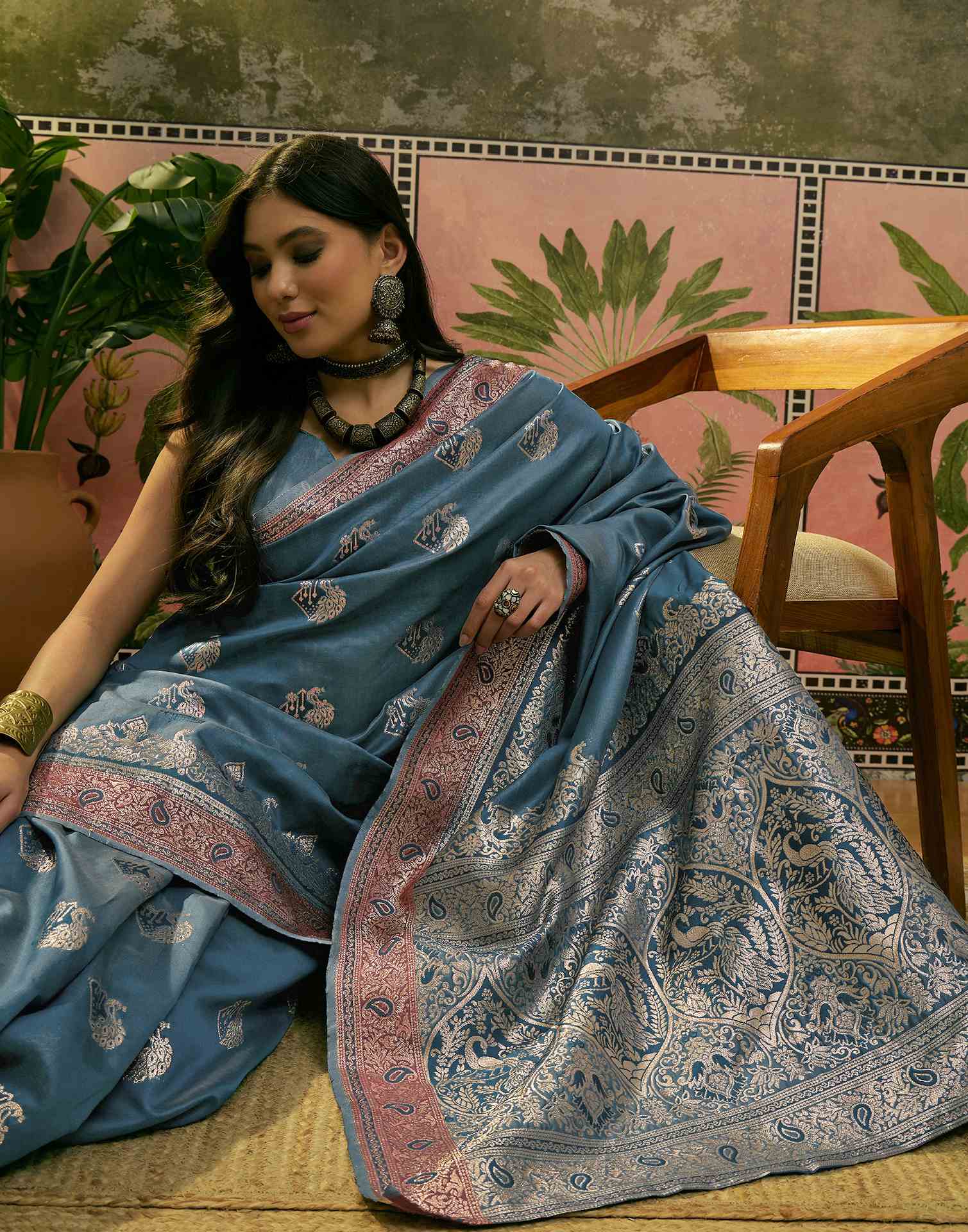 Teal Blue Silk Woven Saree - Image 4