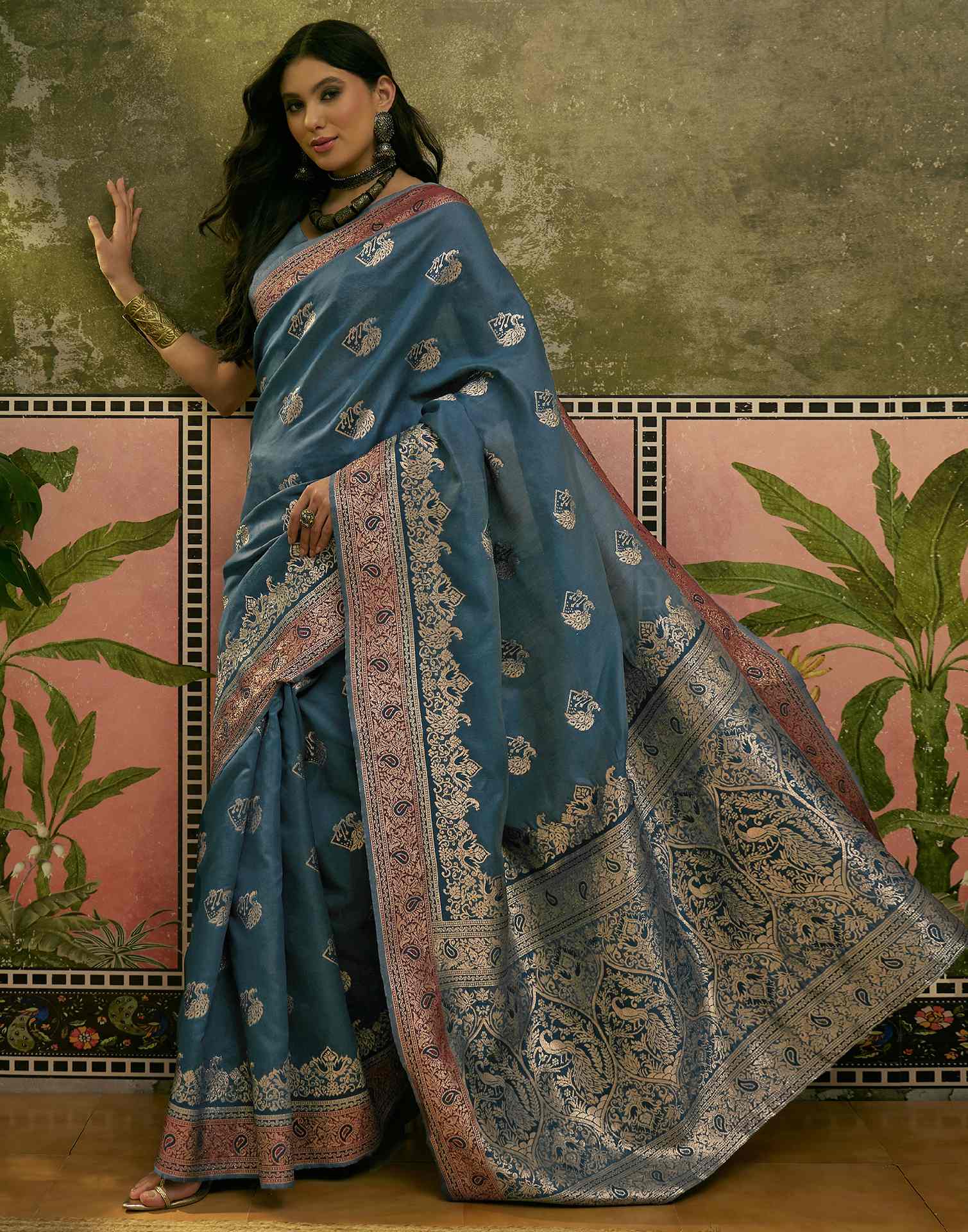 Teal Blue Silk Woven Saree - Image 6