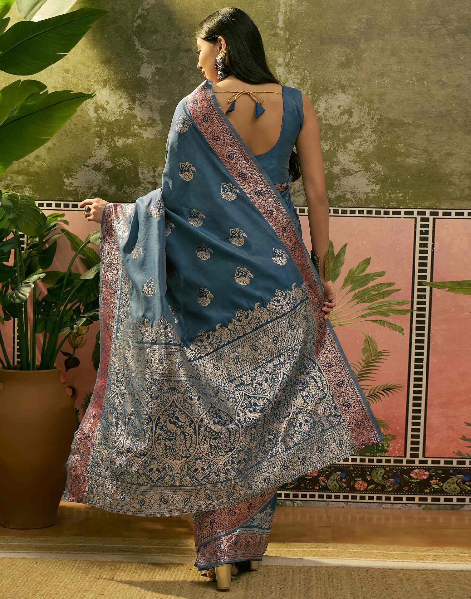 Teal Blue Silk Woven Saree - Image 7