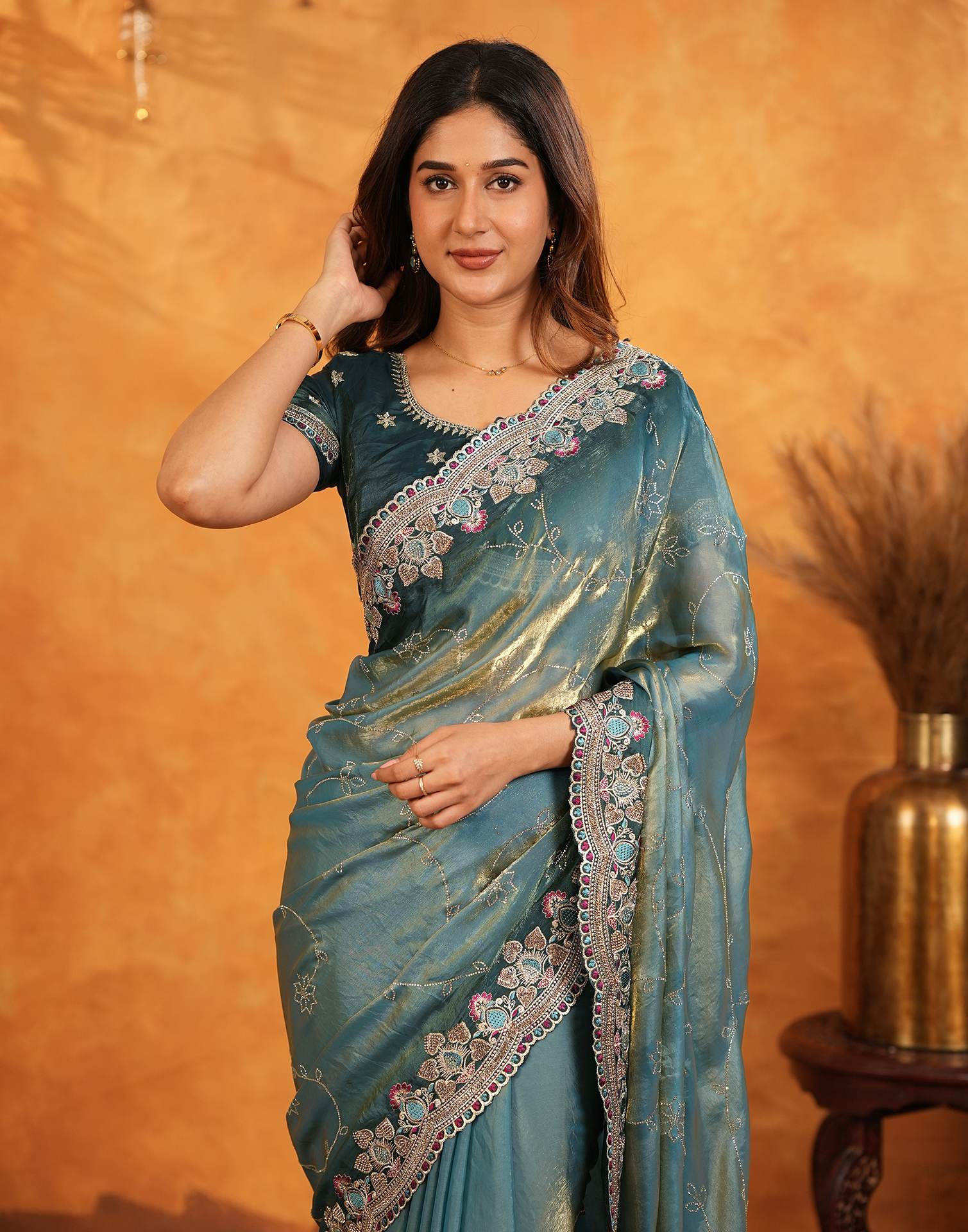 Teal Blue Tissue Silk Stone Work Embroidery Saree - Image 11