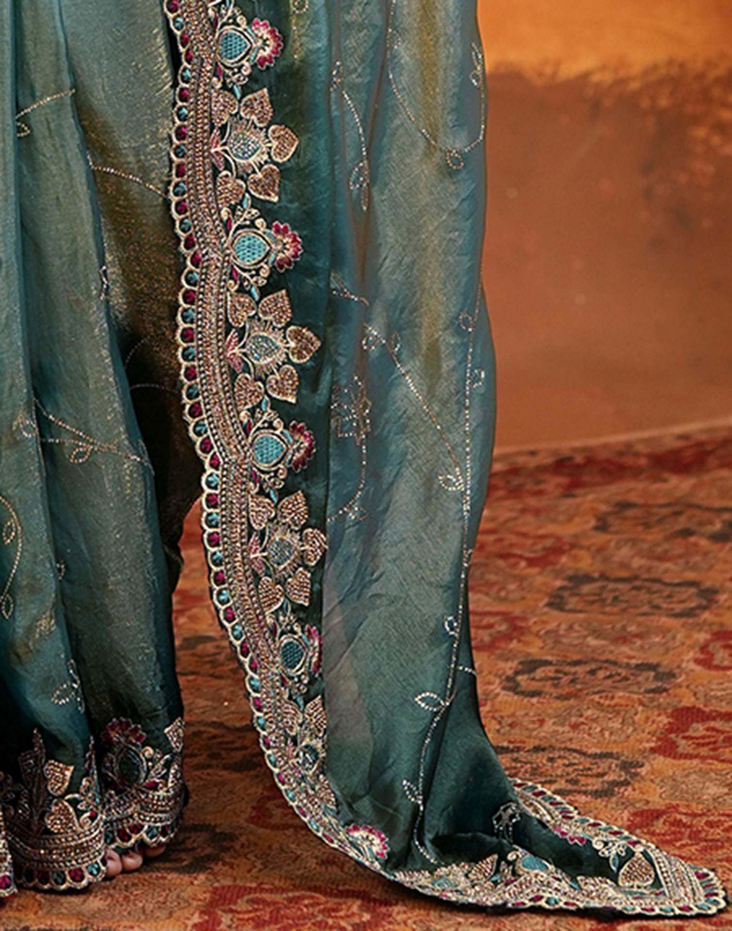 Teal Blue Tissue Silk Stone Work Embroidery Saree - Image 12