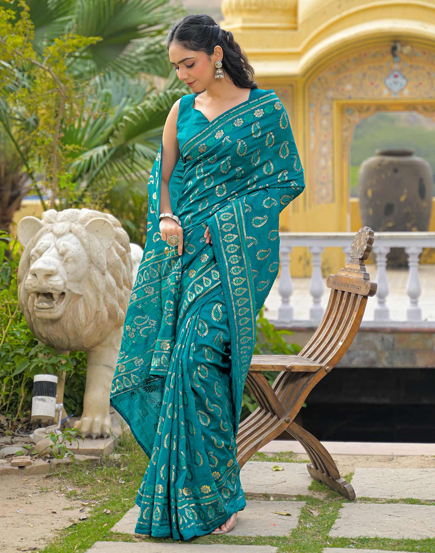 Teal Blue Vichitra Silk Foil Printed Saree - Image 5