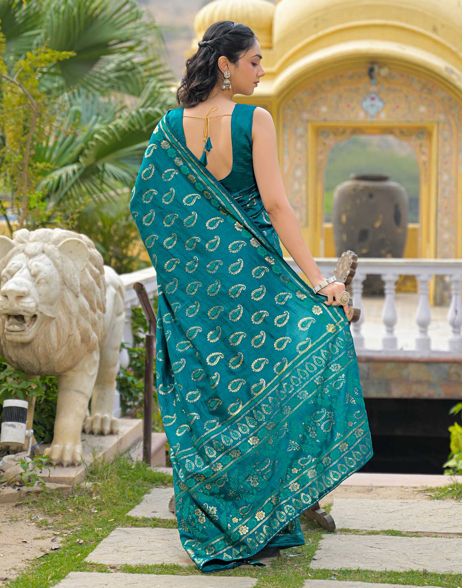 Teal Blue Vichitra Silk Foil Printed Saree - Image 6