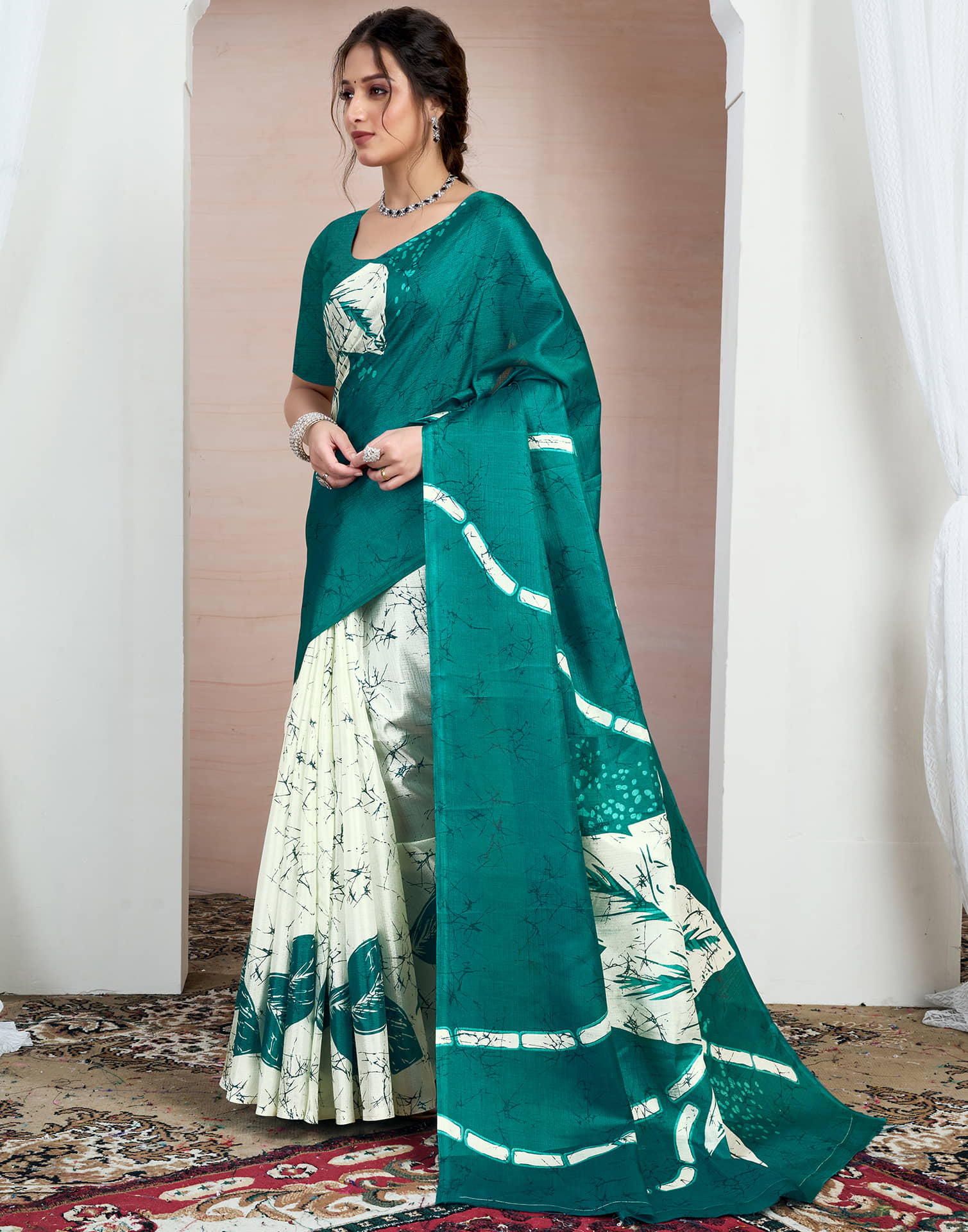Teal Green Bhagalpuri Silk Printed Saree - Image 4