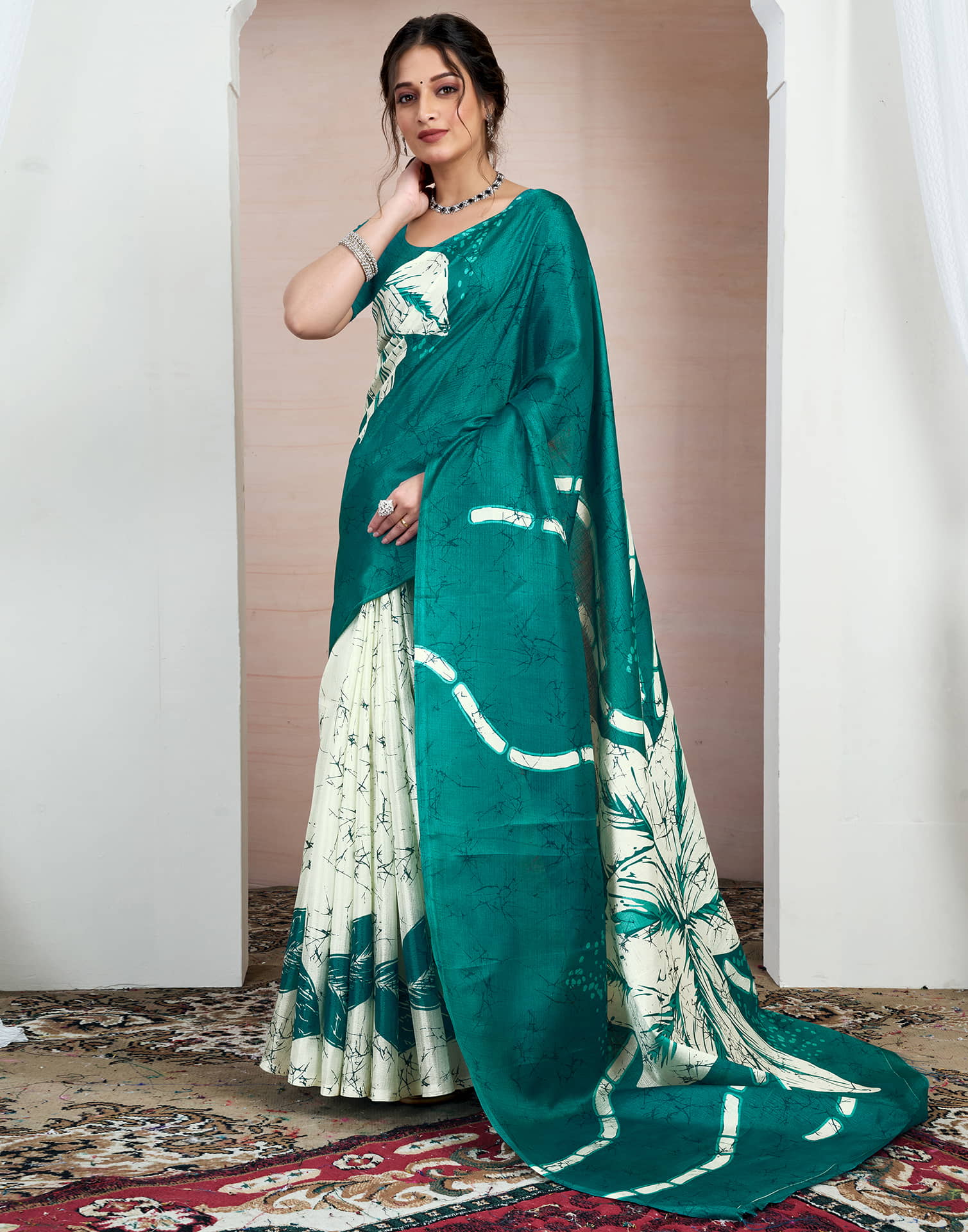 Teal Green Bhagalpuri Silk Printed Saree - Image 5