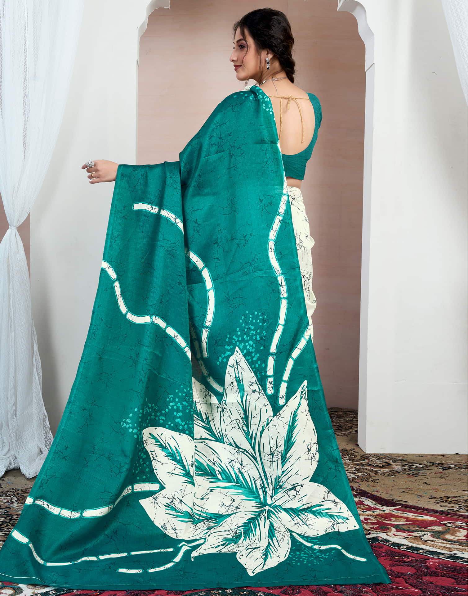 Teal Green Bhagalpuri Silk Printed Saree - Image 6