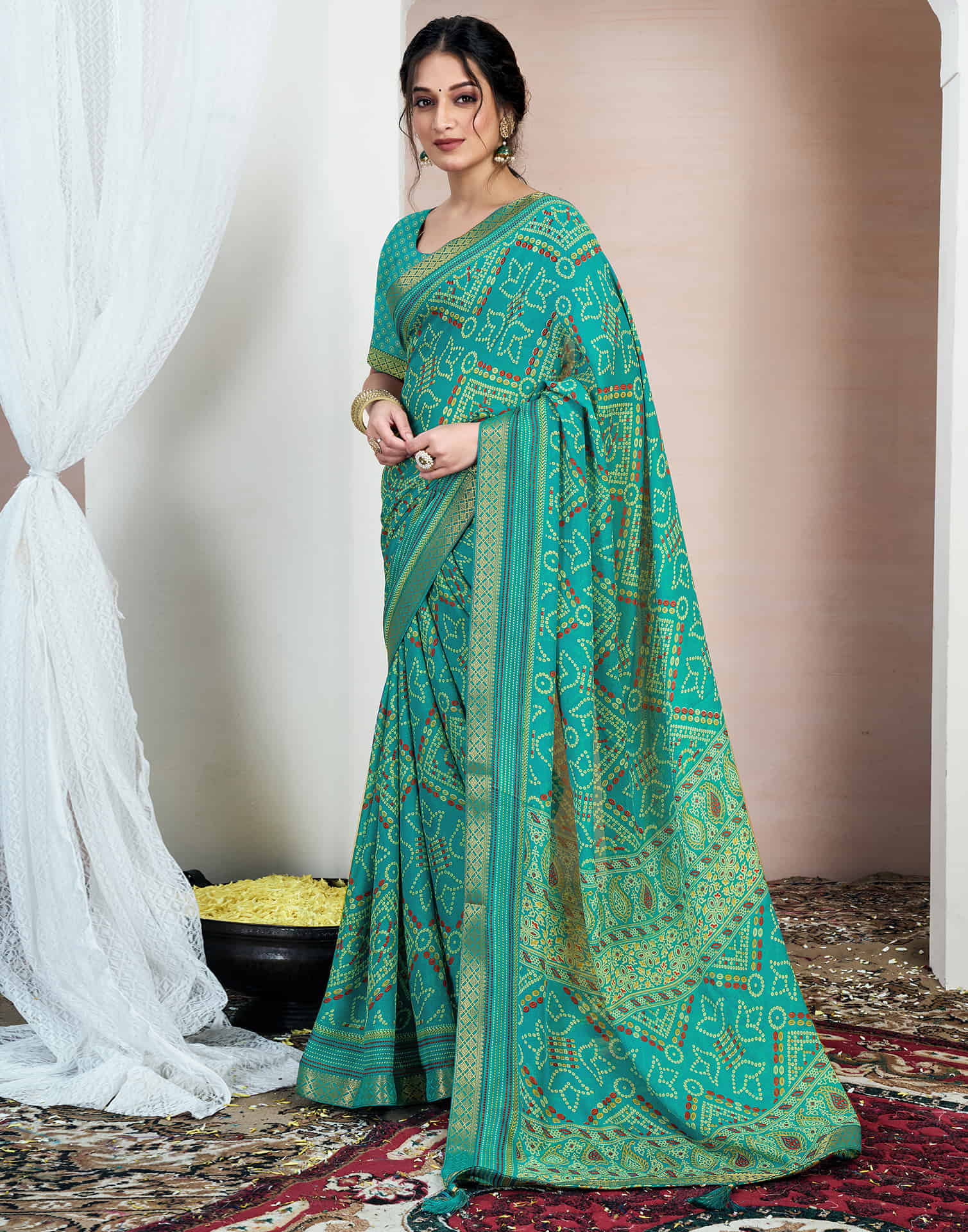 Teal Green Chiffon Printed Bandhani Saree - Image 5
