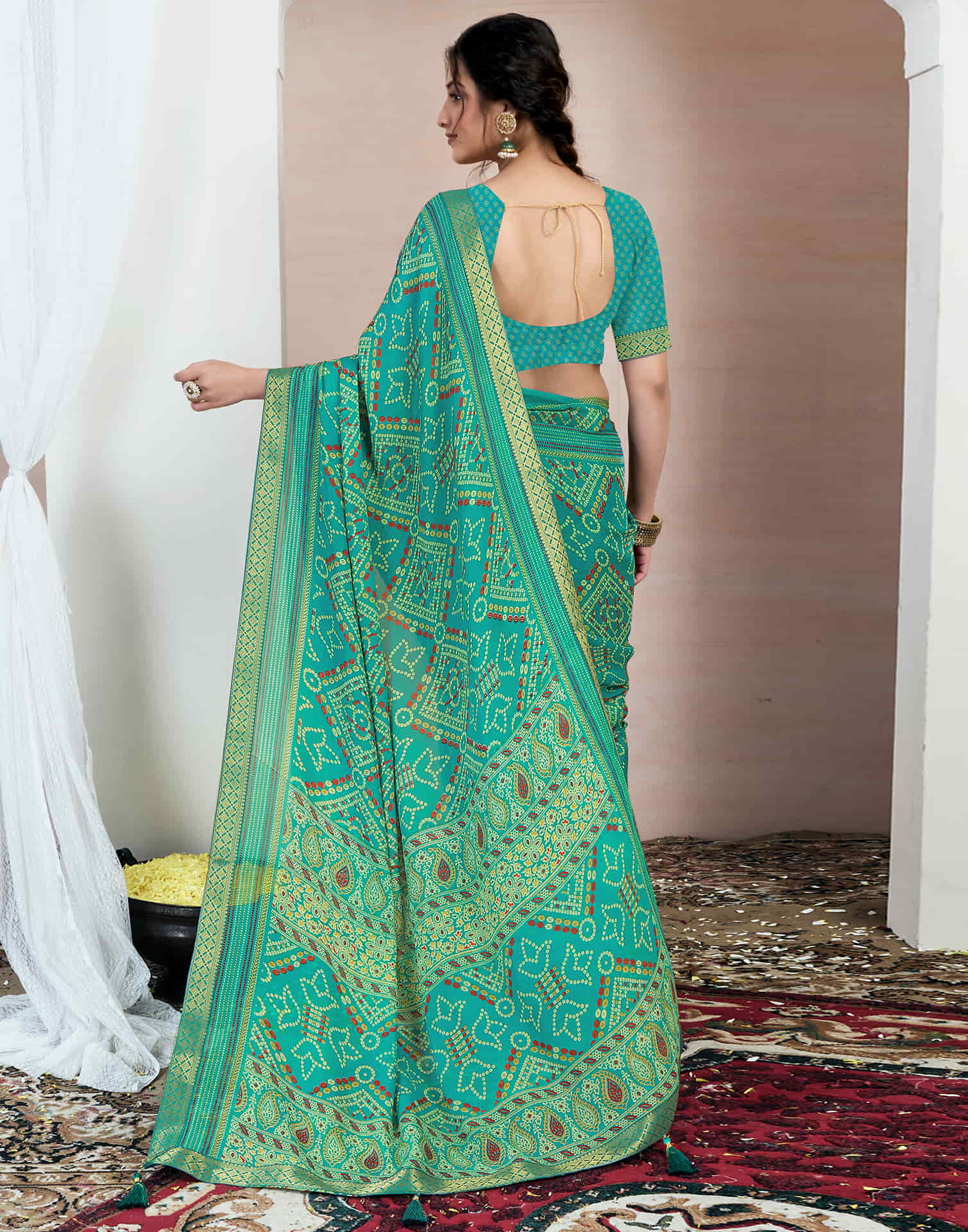 Teal Green Chiffon Printed Bandhani Saree - Image 6