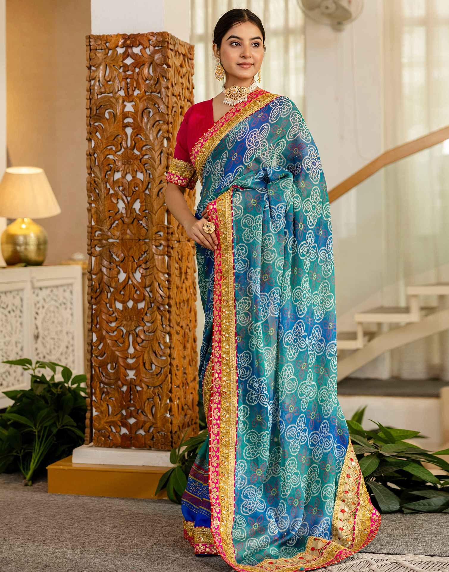 Teal Green Chiffon Printed Bandhani Saree - Image 4