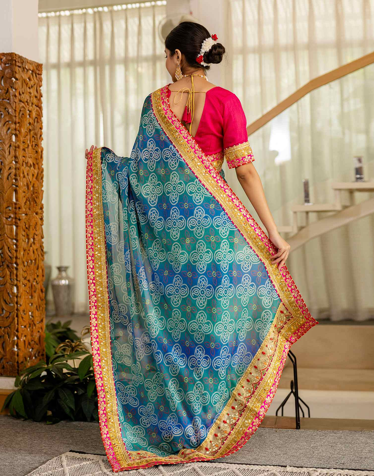 Teal Green Chiffon Printed Bandhani Saree - Image 5
