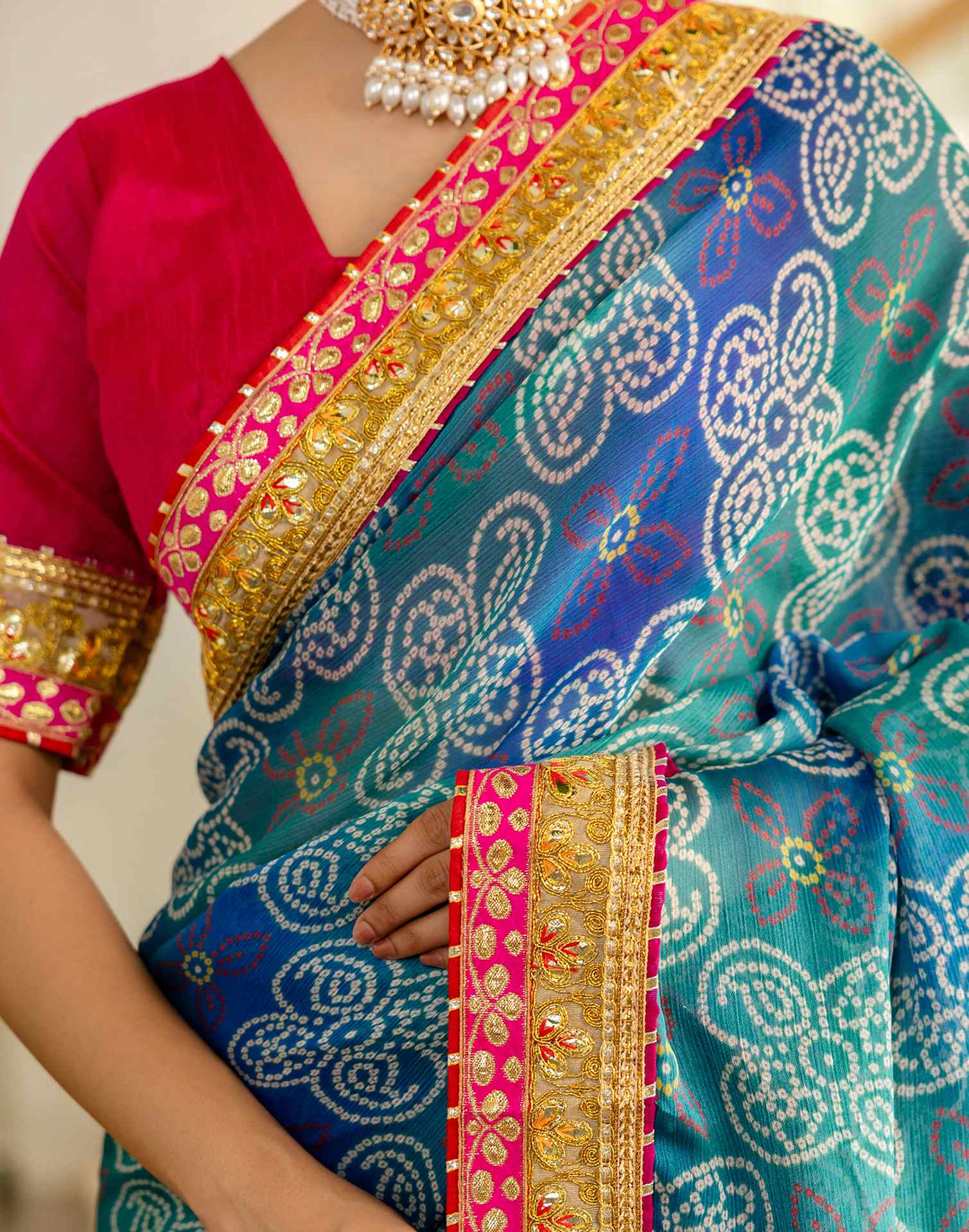 Teal Green Chiffon Printed Bandhani Saree - Image 6