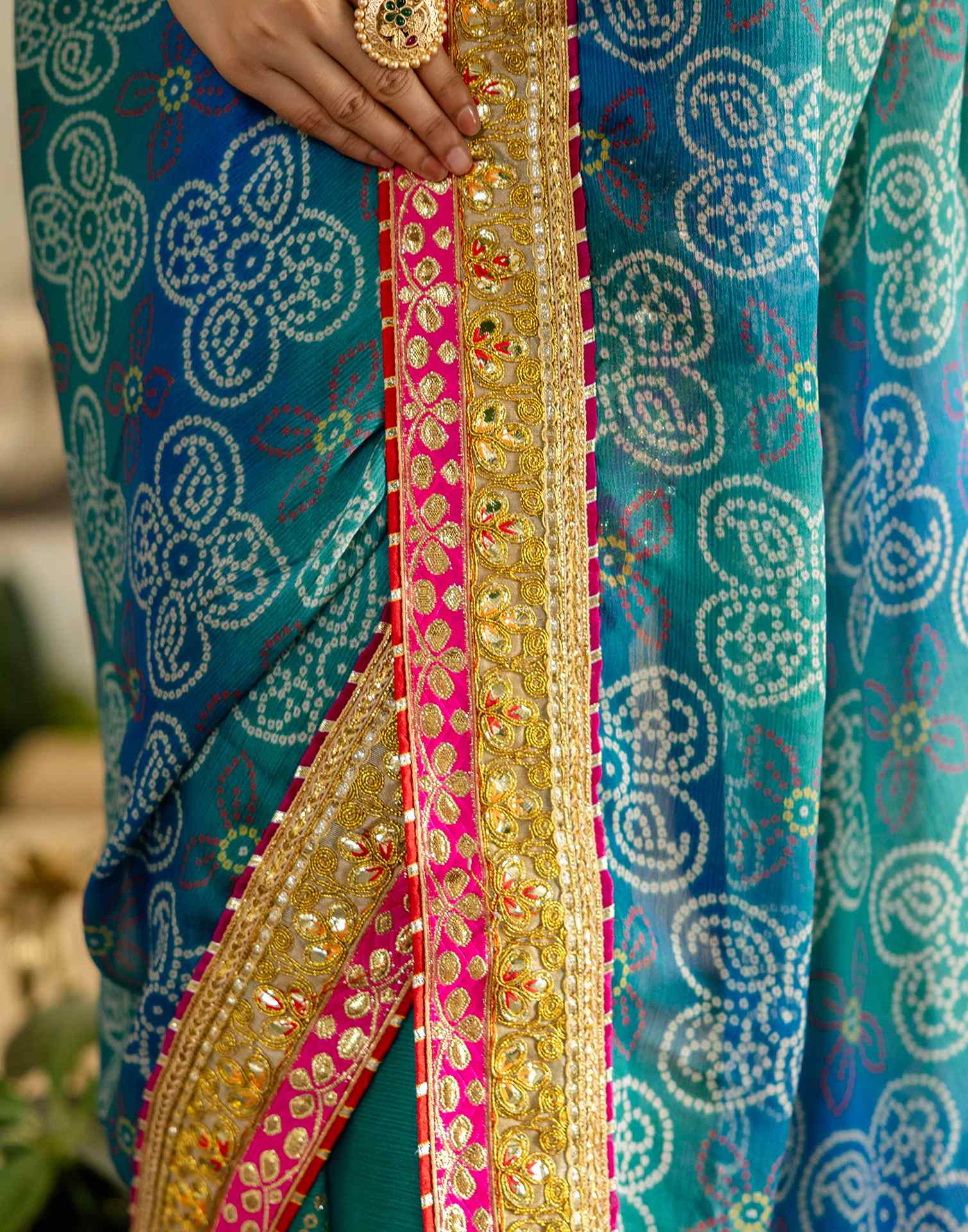 Teal Green Chiffon Printed Bandhani Saree - Image 7