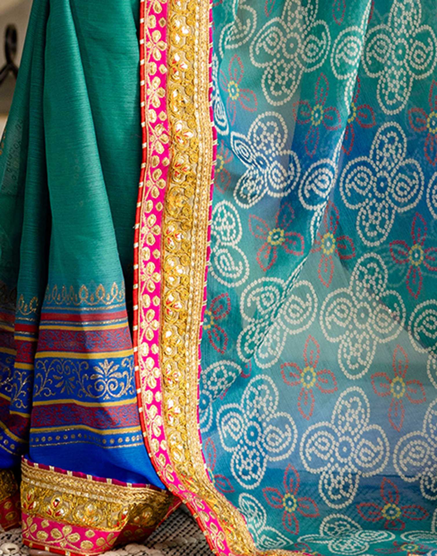 Teal Green Chiffon Printed Bandhani Saree - Image 9