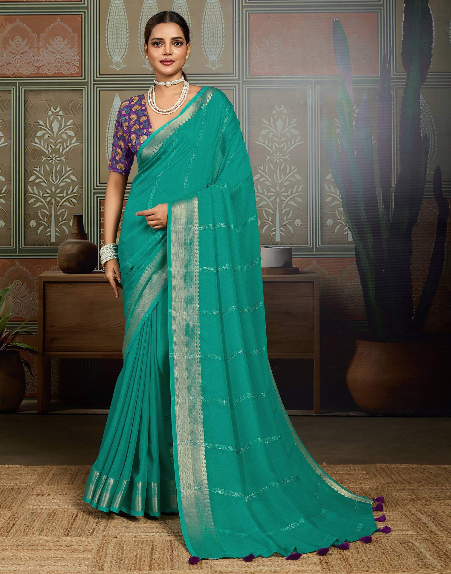 Teal Green Chiffon Woven Zari Stripe Saree