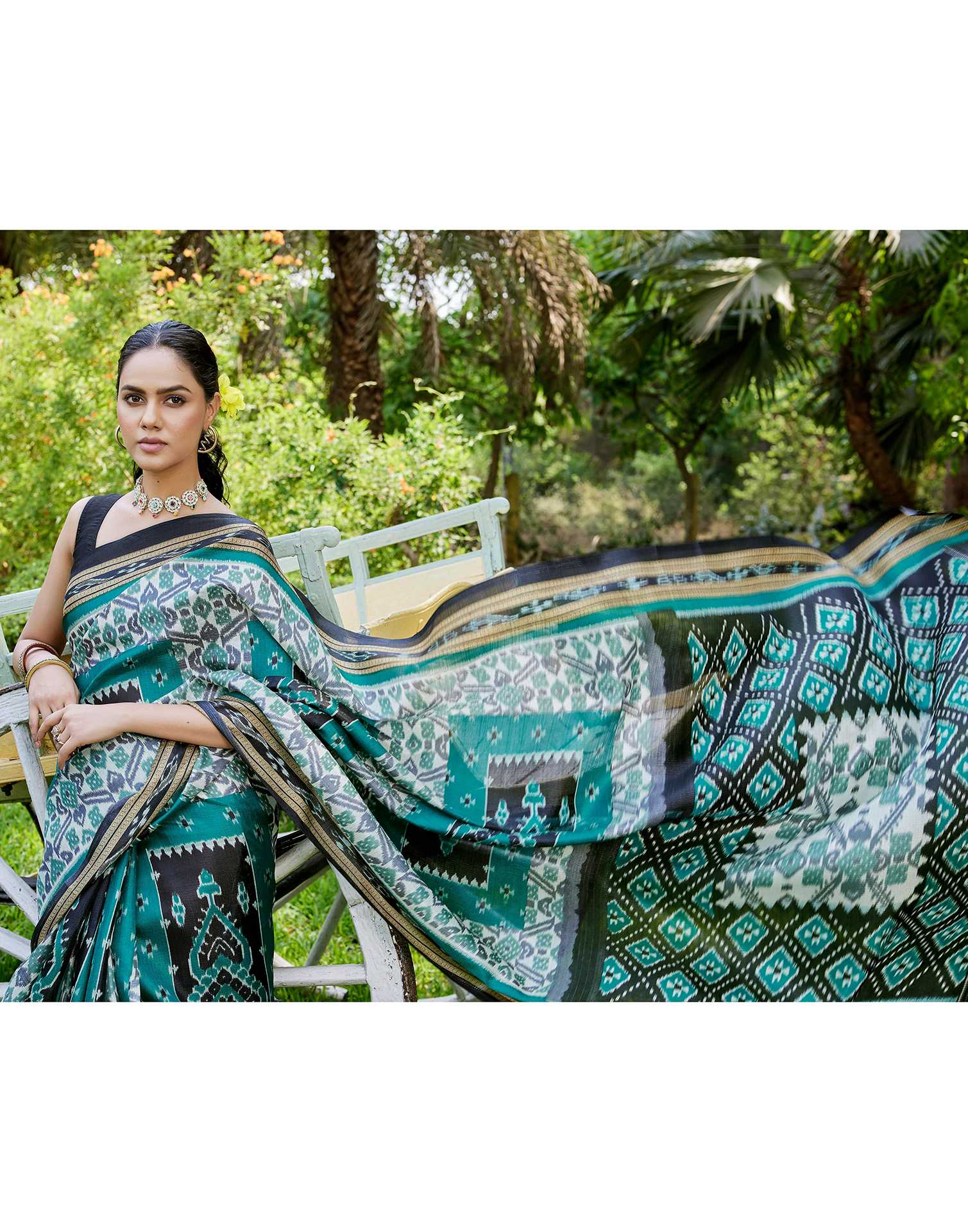 Teal Green Cotton Blend Printed Saree - Image 4