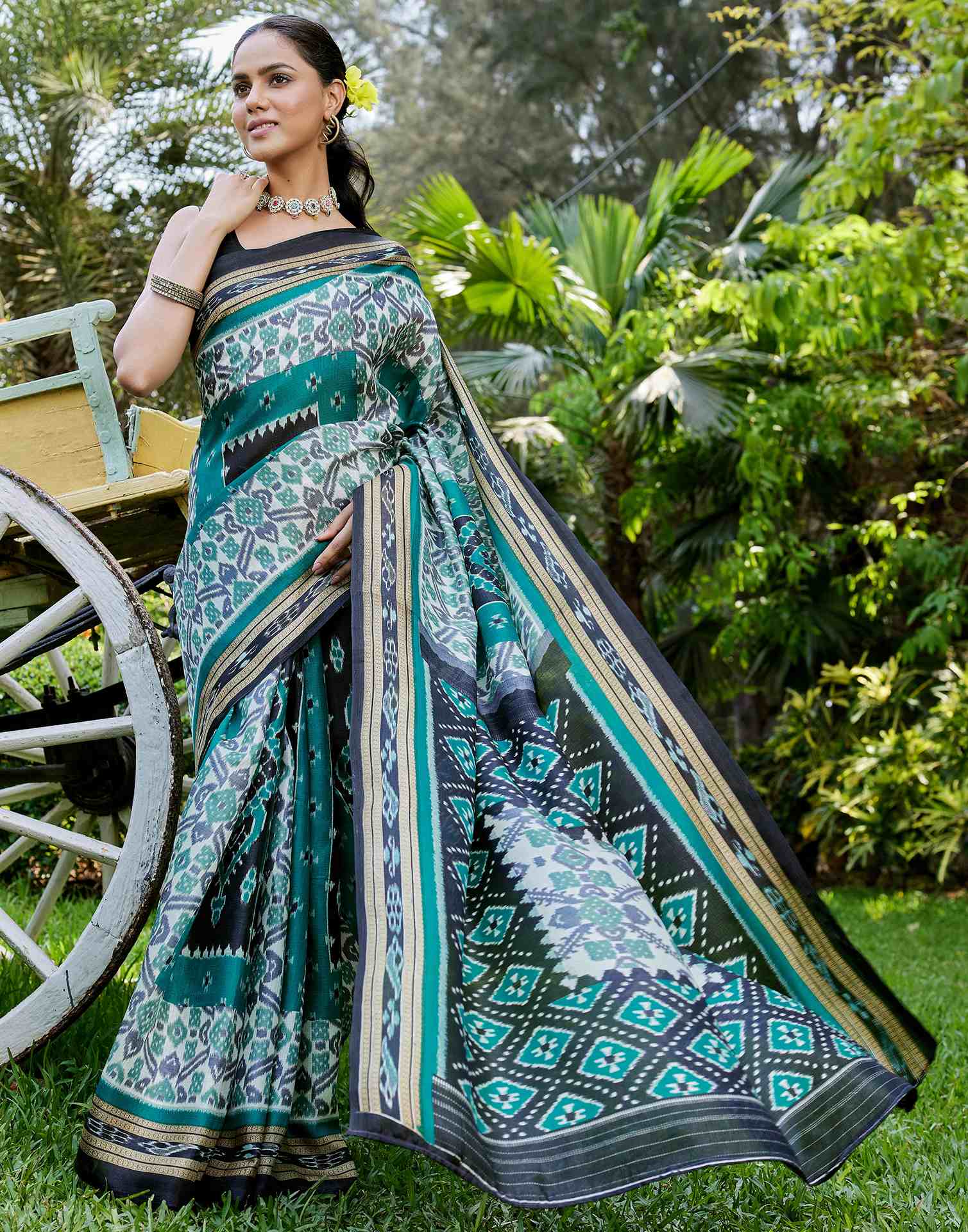 Teal Green Cotton Blend Printed Saree - Image 7