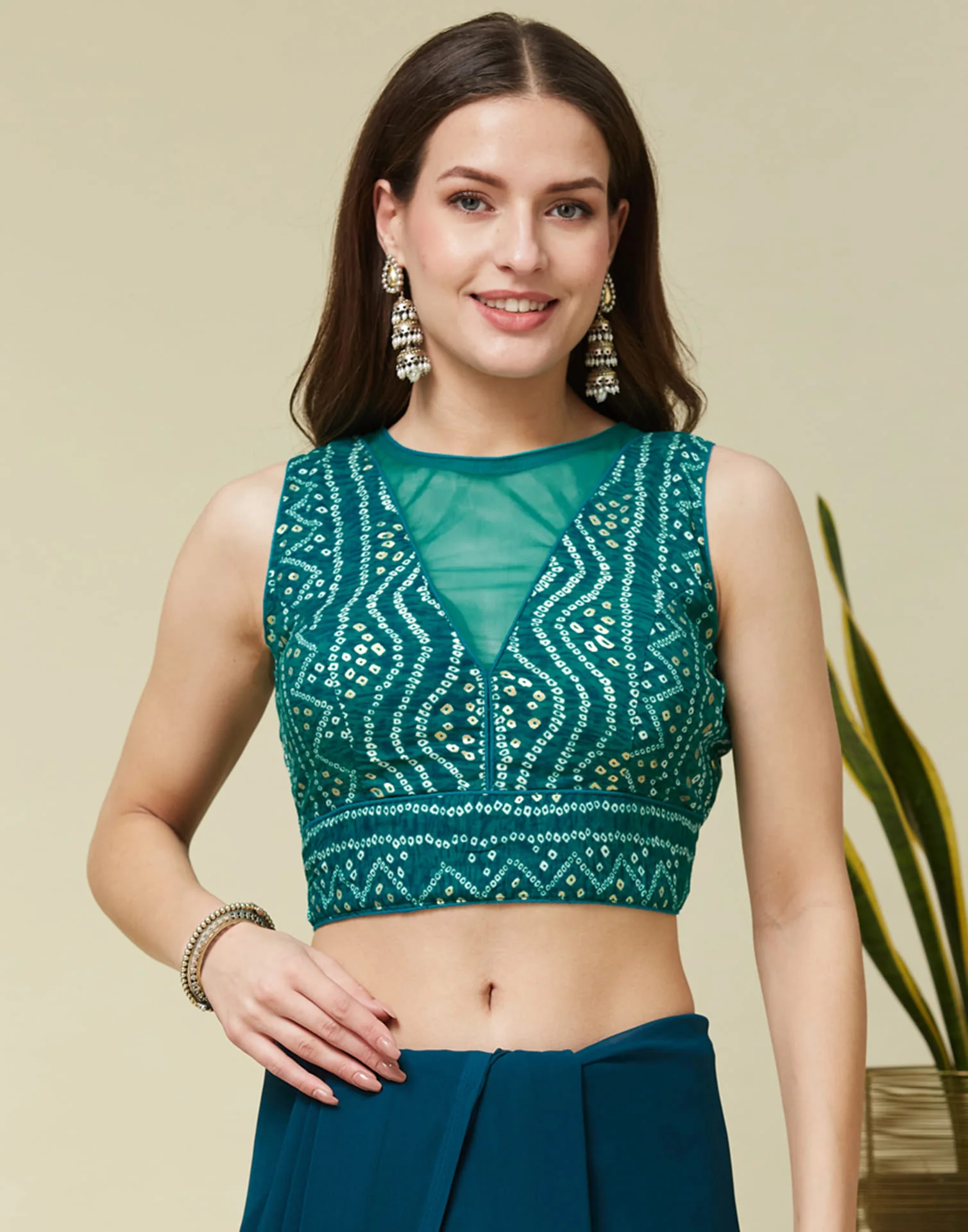Teal Green Cotton Printed Bandhani Blouse