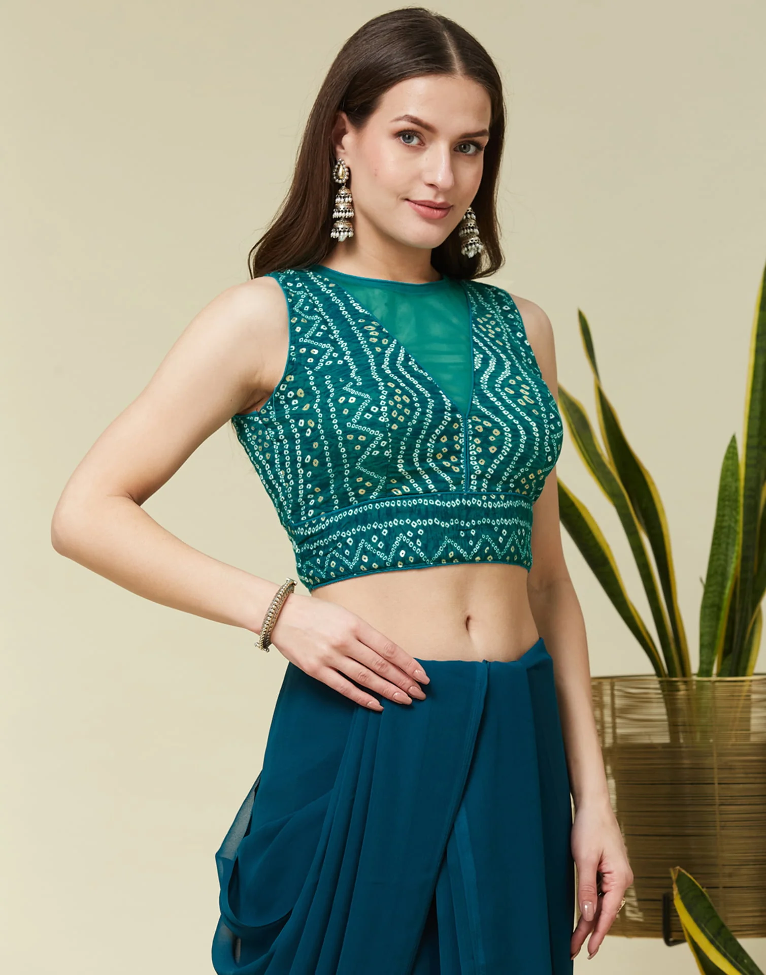 Teal Green Cotton Printed Bandhani Blouse - Image 4