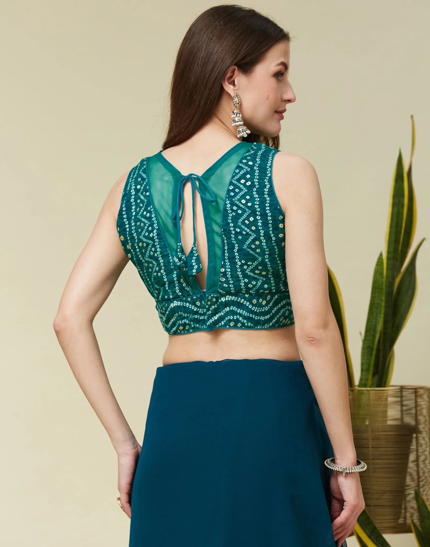 Teal Green Cotton Printed Bandhani Blouse - Image 5