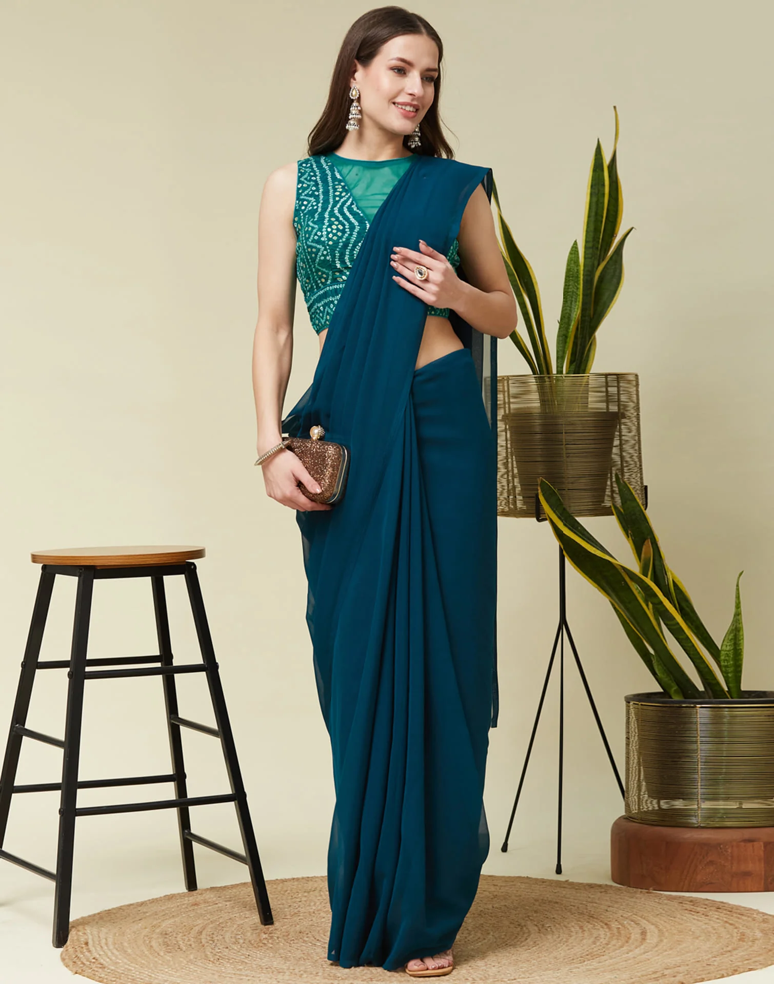 Teal Green Cotton Printed Bandhani Blouse - Image 6