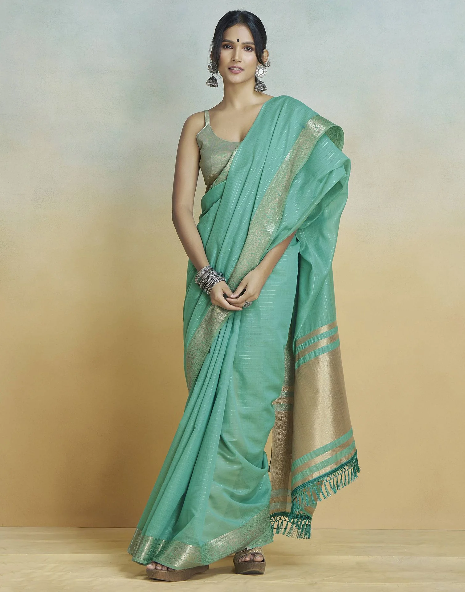 Teal Green Cotton Woven Zari Stripe Saree - Image 2