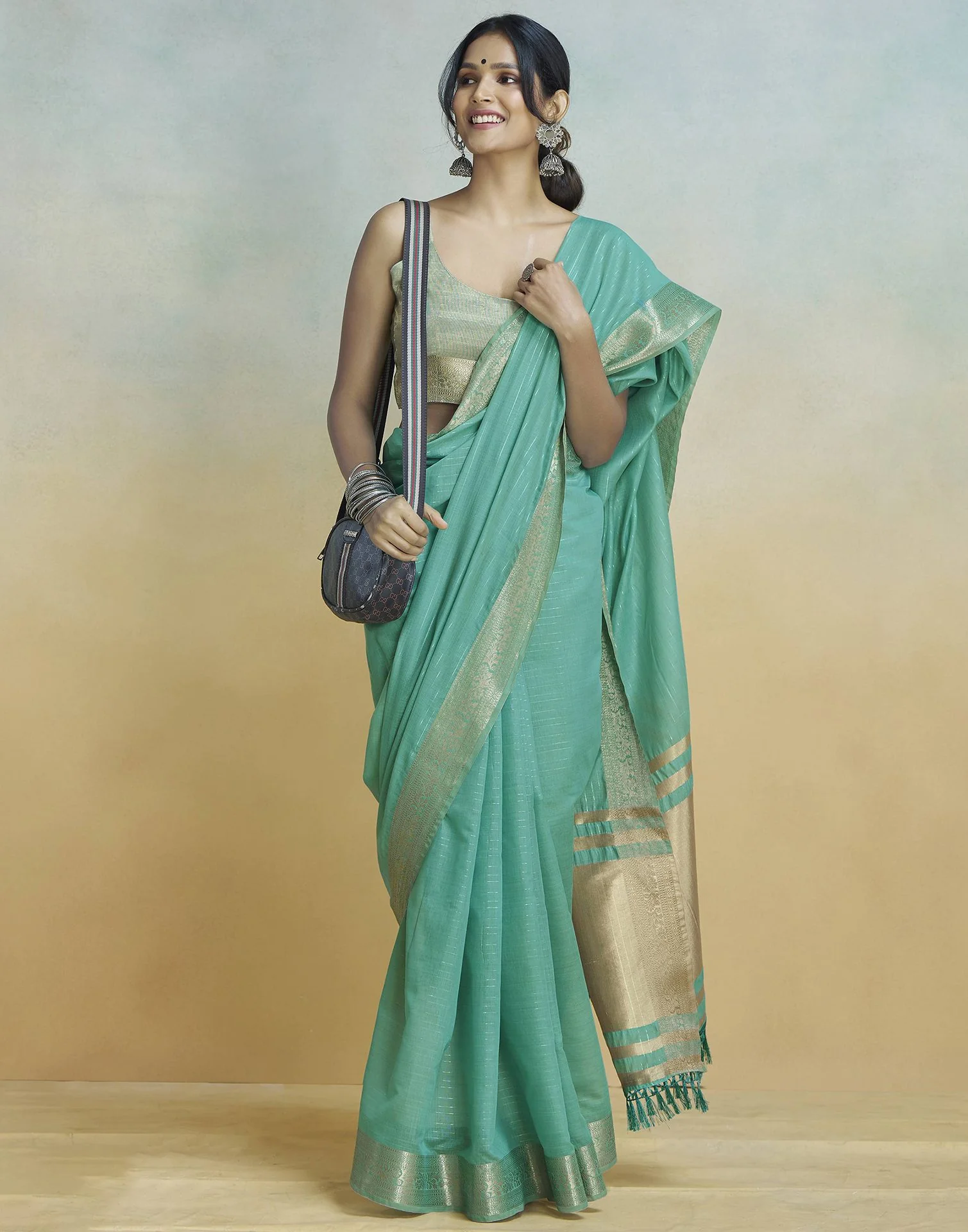 Teal Green Cotton Woven Zari Stripe Saree - Image 4