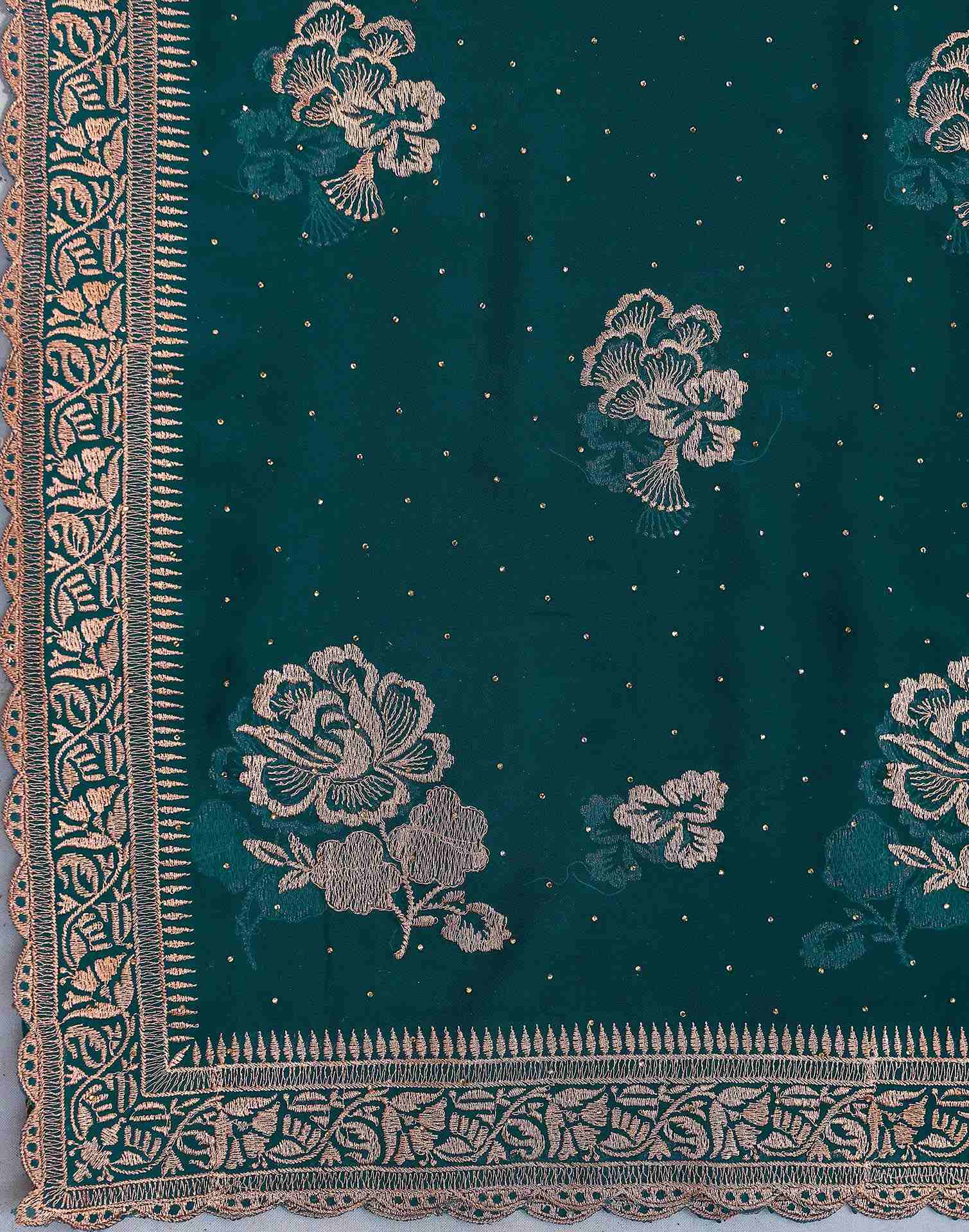 Teal Green Georgette Embroidery Swarovski Saree - Image 7