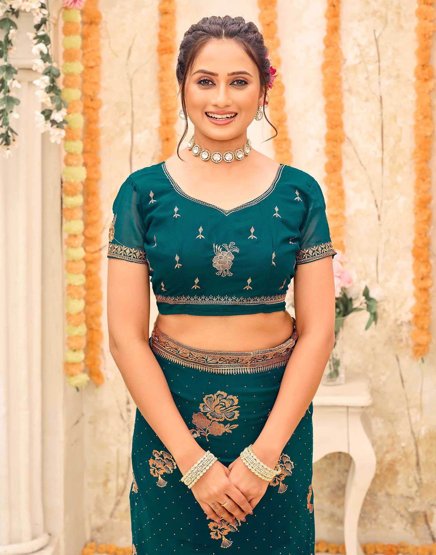Teal Green Georgette Embroidery Swarovski Saree - Image 8