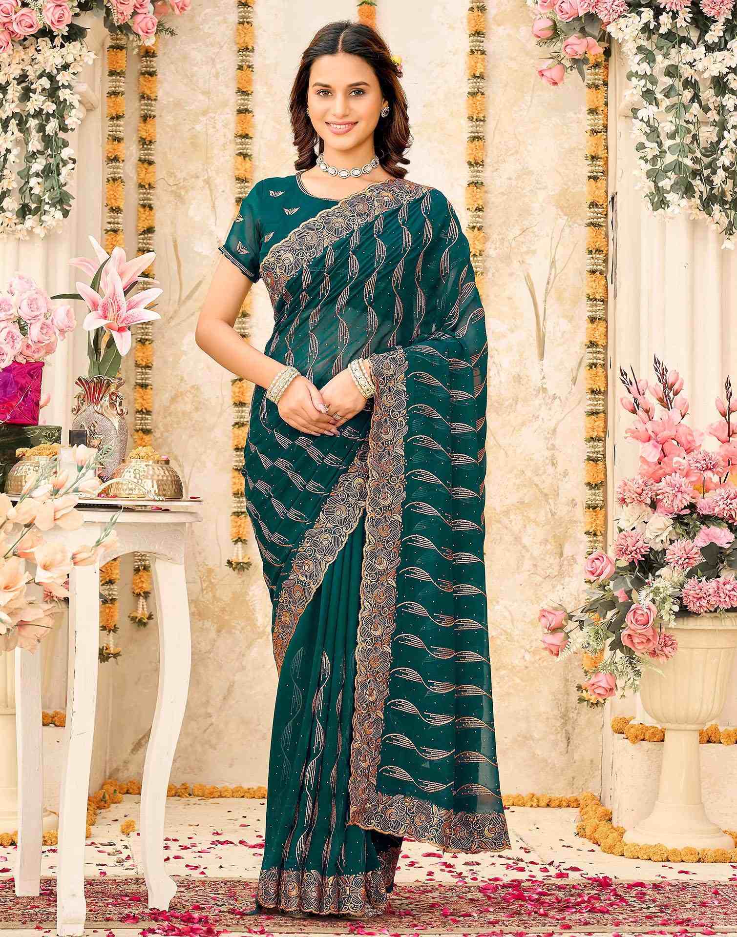 Teal Green Georgette Embroidery Swarovski Saree - Image 2